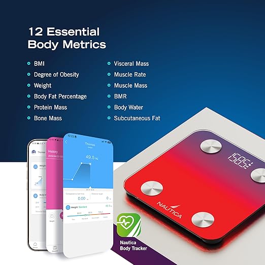 Nautica Body Tracker Digital Bathroom Scale, Bluetooth-Enabled Smart Scale with BMI, Body Fat, Muscle Mass Tracking & More, Syncs with Smartphone App for Body Composition Tracking, 396 Lbs.