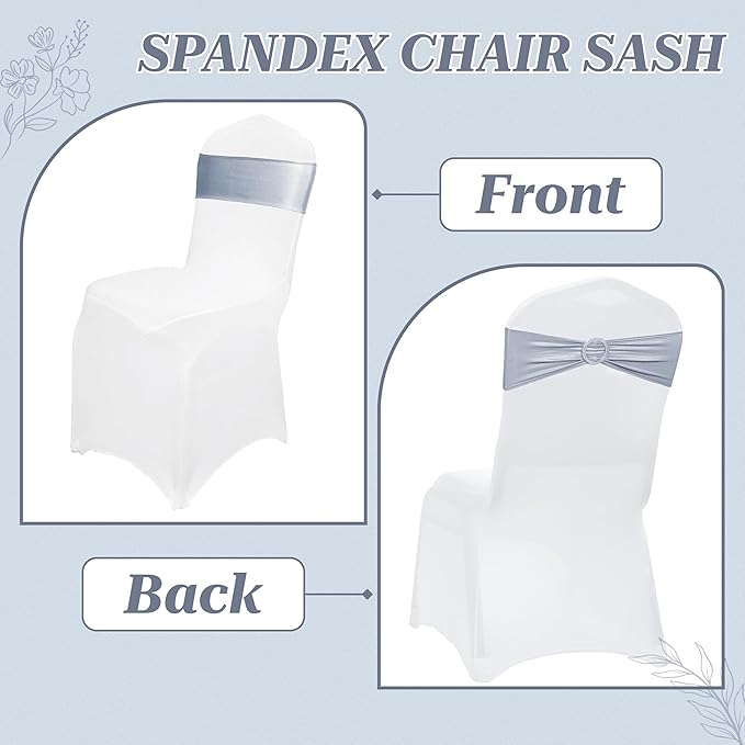 MDS Pack of 200 Spandex Foil Chair Sashes Bow Universal fits Elastic Stretch Chair Bands Ties with Buckle for Wedding Lycra Slider Bow - Metallic/zari/Sparkle Silver