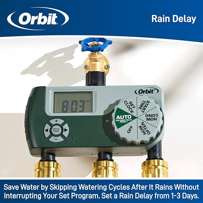 Orbit Programmable Digital Hose Watering Timer - 3 Outlet - Battery Powered - with LCD Screen - Built-in Rain Delay - Water-Resistant - 56082