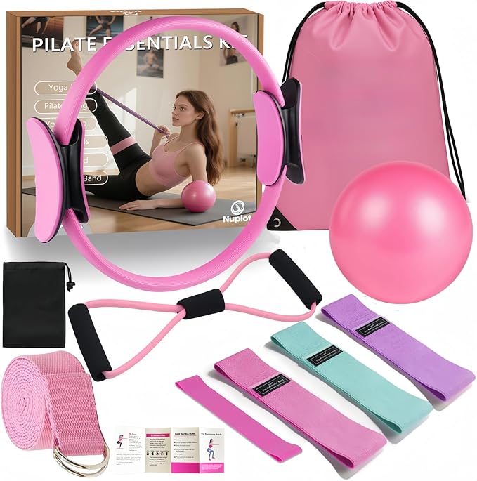 Nuplot Pilates Equipment, Pilates Kit for Home Workouts, Pilates Essentials Kit for Women, Home Pilates Kit with Pilates Ring and Ball Set, Booty Bands, Figure 8 Resistance Band, Yoga Band
