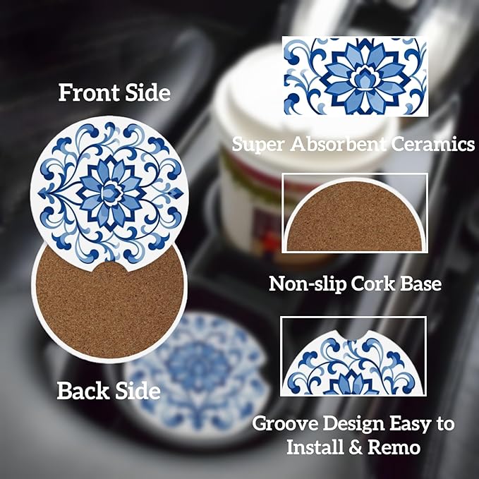 Car Cup Holder Coasters, 2 Pcs Ceramic Coasters with Finger Slot and Cork Back, Anti-Slip Shock Absorbing Women and Men Universal Car Accessories - Porcelain