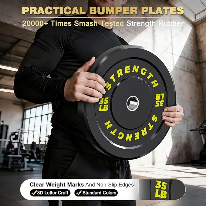 2-Inch Olympic Bumper Plates, 100% Virgin Rubber Low Bounce Barbell Weight Plates for Home Gym Strength Training, 10lb-45lb Black with Color-Coded