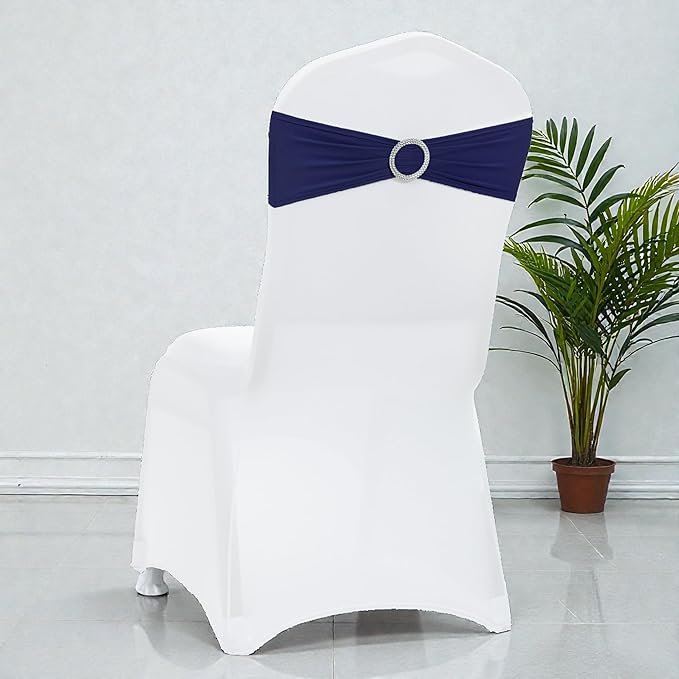 VDS - Navy Blue | Spandex Chair Sashes Bows | 50 PCS | Stretch Elastic Banquet Universal Folding Chair Band Tie with Silver Buckle Slider for Wedding Party Conference Celebration Event Decoration