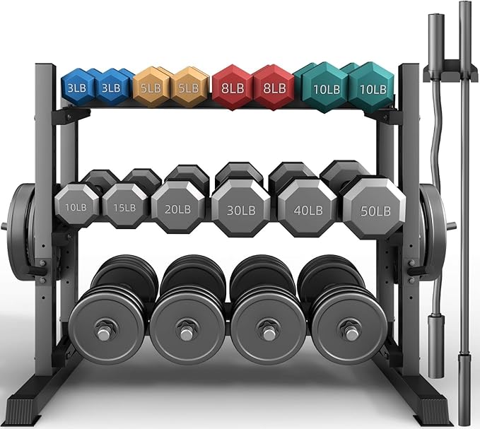 3-Tier Professional Dumbbell Rack, Commercial Grade Dumbbell Storage Rack,1800LB Capacity with Barbell Holder, Adjustable Heavy-Duty Weight Rack for Home Gym, Weight Stand for Dumbbells, Kettlebells & Weight Plates (Rack Only)