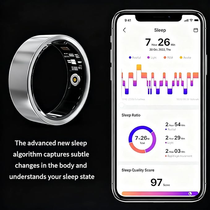 Smart Ring for Women Men, Fitness & Health Tracker with Vital Signs Monitoring, Sleep Tracker, Remote Photography, No Subscription(Silver,12#)