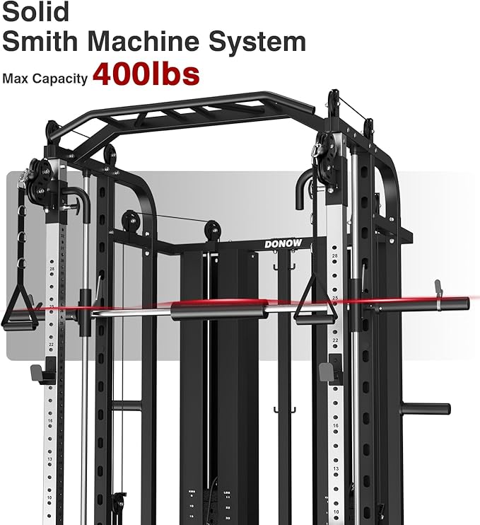 DONOW Smith Machine with Weight Stacks, Multi Function Home Gym System Training Power Cage Squat Rack Dual Cable Crossover Machine All in One