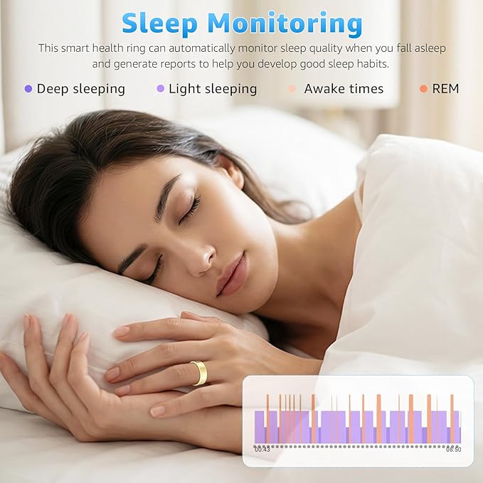 Smart Ring Health Tracker for Women & Men, Fitness Ring with Heart Rate Blood Oxygen, Sleep Monitor, Step Tracker, IP68 Waterproof Compatible with iOS & Android, No Subscription Fee (Gold, 8)