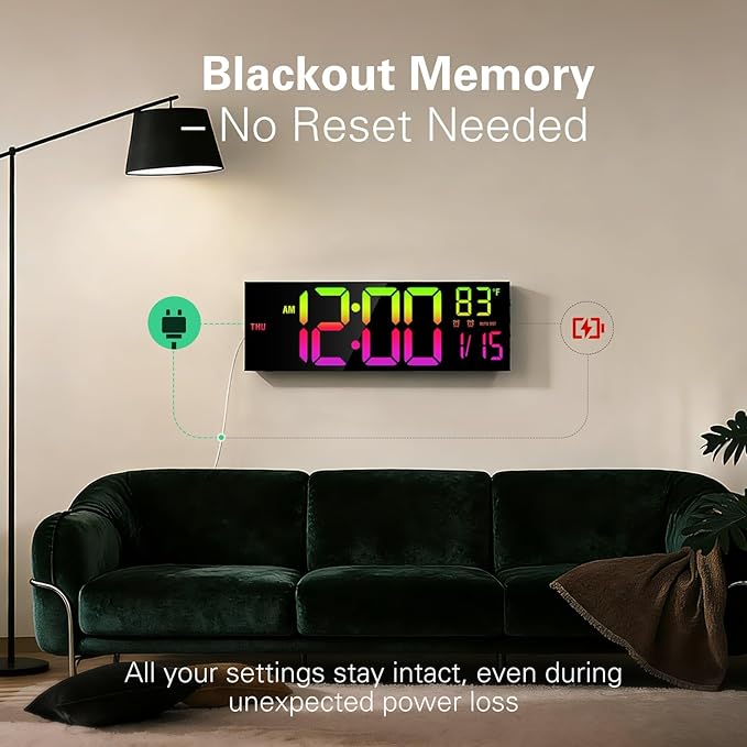JALL 16.15 inch Large Digital Wall Clock, RGB Lights with Remote Control, Dual Alarms with Big LED Display, Auto DST, C° / F° Temperature for Classroom, Birthday Gift, Senior