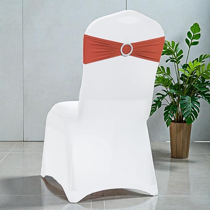 VDS - Terracotta | Spandex Chair Sashes Bows | 125 PCS | Stretch Elastic Banquet Universal Folding Chair Band Tie with Silver Buckle Slider for Wedding Party Conference Celebration Event Decoration