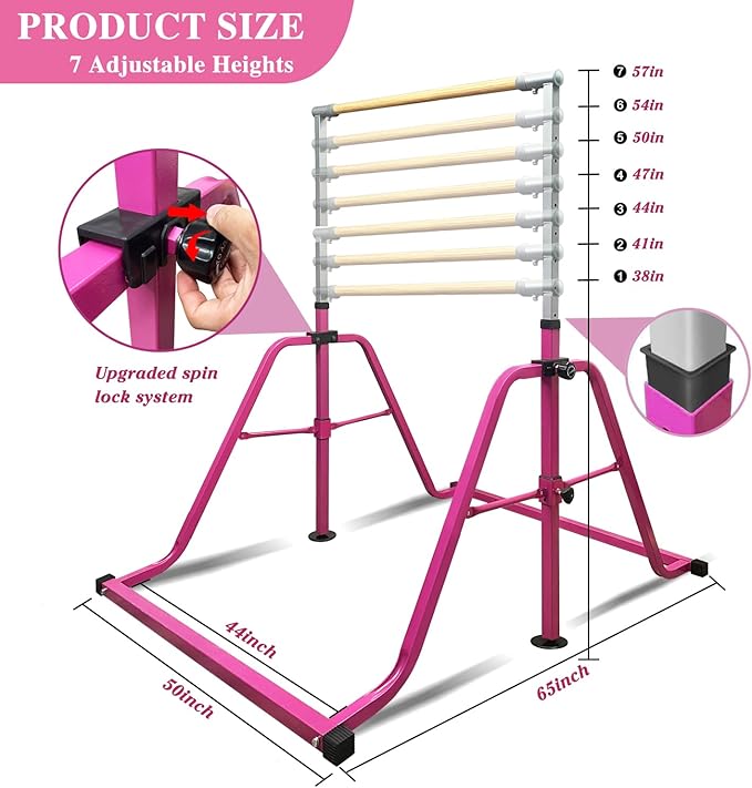 Foldable & Moveable Gymnastics Horizontal Bar with Rings,3’to 5’Adjustable Height Expandable Junior Kip Bar for Home,Indoor Gym Equipment for Kids