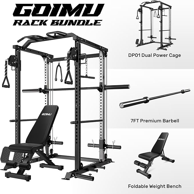 DP01 Power Cage, 2000LBS Squat Rack with with Cable Crossover and Dual Independent Pulley System, Full Cage for Full Body Training, Power Rack with More Training Attachments for Home Gym