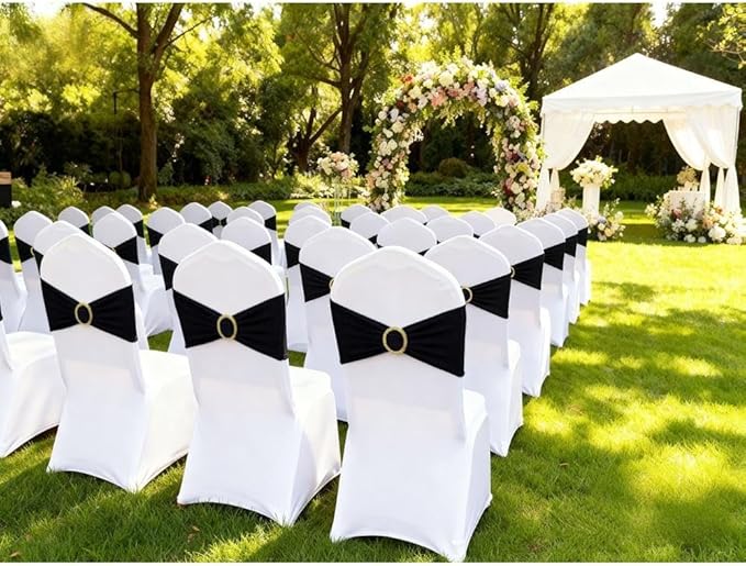 Black Chair Sashes 50 Pack with Gold Buckle Slider, Spandex Sashes for Folding Chairs Wedding Party Banquet Décor