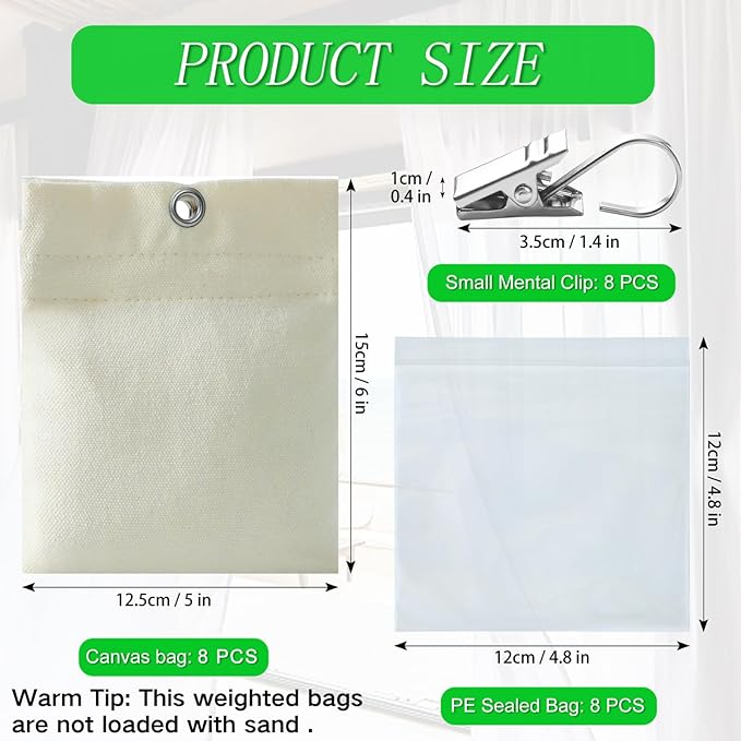 8 Pack Outdoor Curtain Weights, 15oz Empty Sandbag Weighted Bags with Metal Clips for Patio Pergola Cabana Gazebo Drapes, Garden & Windy Days Use