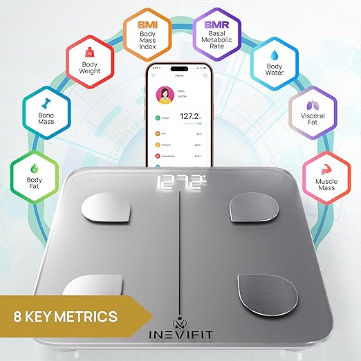 INEVIFIT Smart Body Fat Scale, Highly Accurate Bluetooth Digital Bathroom Body Composition Analyzer, Measures Weight, Body Fat, Water, Muscle, Visceral Fat & Bone Mass for Unlimited Users