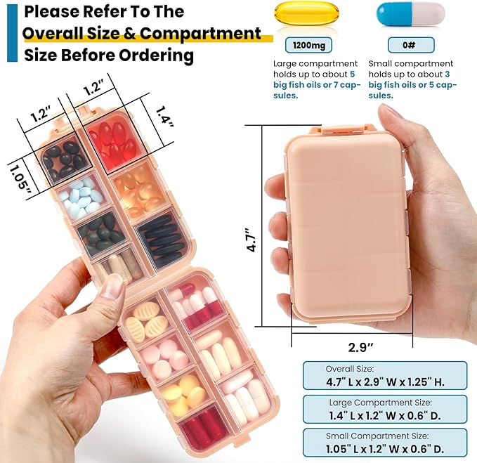 14 Grids Travel Pill Organizer Box with 415-Pcs Medicine Name Labels - Pocket Daily Pharmacy Case Container Kit - Travel Medication Holder Dispenser for Fish Oil Vitamin Supplement Storage - Pink