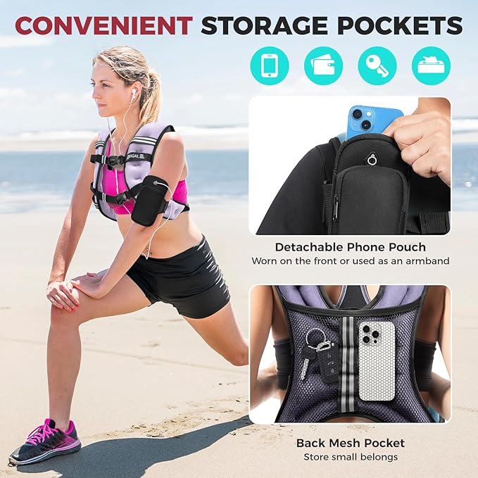 BAGAIL Comfort-Fit Weighted Vest for Woman, Even Weight Distribution, Faster Weight Loss, No-Chafe or Bounce for Walking & Running with Detachable Phone Pouch & Reflective Stripes (Available 5-30lbs)