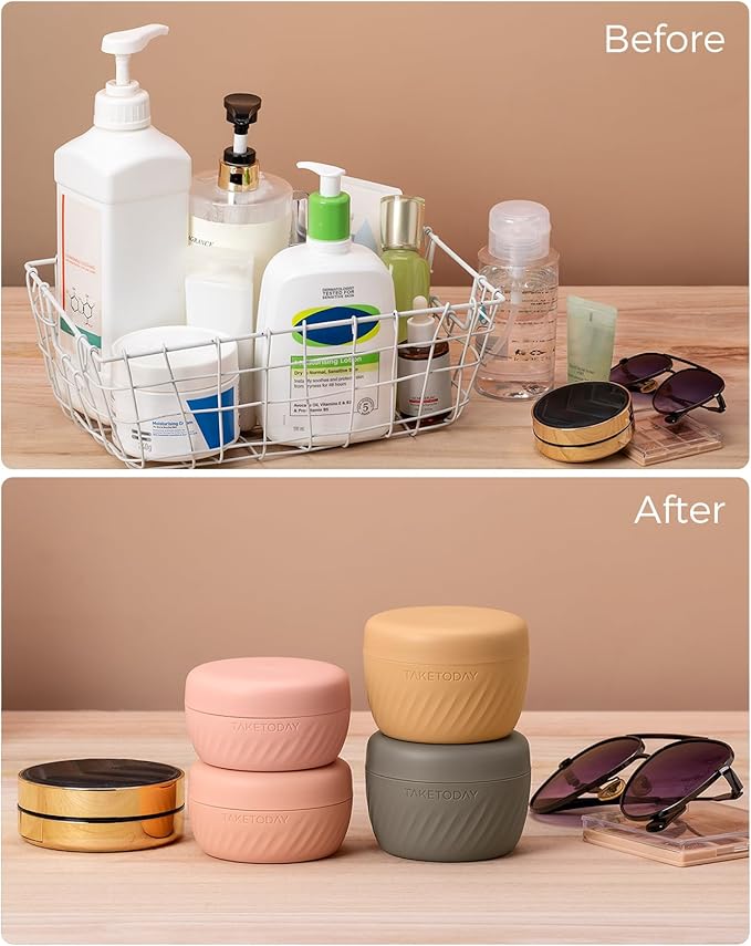 TakeToday Travel Containers for Toiletries, Leak-Proof, TSA Approved, Refillable Silicone Cylindrical Cream Jars with Lid for Cosmetic Toiletry, 2 &3oz, 4 Pack, Apricot