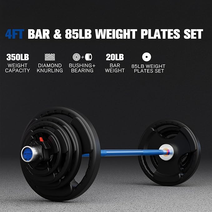 RitFit Barbell Weight Set - 4/6FT Olympic Barbell with Weight Plates (55-115LB Total) - Weightlifting Equipment for Squats, Curls, Deadlifts, Presses, Hip Thrusts