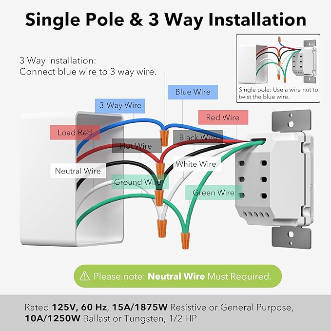 BN-LINK 7 Day Programmable in-Wall Timer Switch for Lights, Digital Light Switch Timer Indoor, Single Pole and 3 Way (Compatible with SPDT) Both Use, Neutral Wire Required, No Backlight, ETL Listed