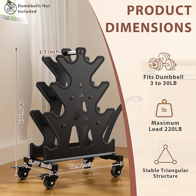 4-Tier Dumbbell Rack on Wheels – Portable A-Frame Weight Rack for Home Gym, Fits 3-30 lb Dumbbells (Rack Only)