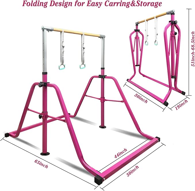 GLANT Gymnastics Bar for Kids with Rings Set, 7 Heights Adjustable Easy Folding Gymnastic Training Bar Kids Monkey Horizontal Bars - Max Load 300LBS