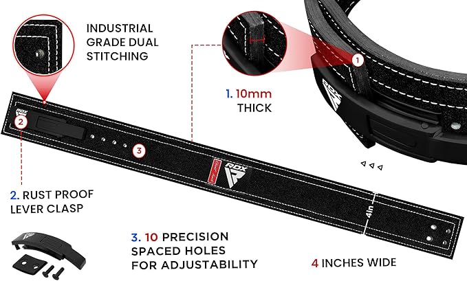 RDX Weight Lifting Belt Powerlifting, Approved By IPL and USPA, 10mm Thick 4" Leather Lumbar Back Support, Lever Buckle Gym Strength Training Equipment, Bodybuilding Deadlifts Squats Workout Men Women