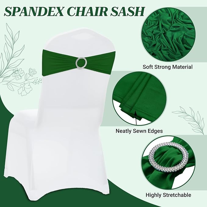 MDS Pack of 25 Spandex Chair Sashes Bow Premium Stretch Chair Cover Band with Buckle Slider Universal fits Elastic Stretch Chair Ties for Wedding Party Banquet Events Decoration - Green