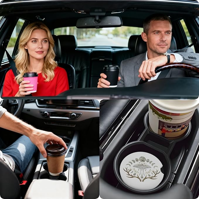 Car Cup Holder Coasters, 2 Pcs Ceramic Coasters with Finger Slot and Cork Back, Anti-Slip Shock Absorbing Women and Men Universal Car Accessories - White Butterfly