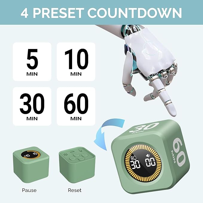 KADAMS Pomodoro Timer – Visual Cube with 5/10/30/60 Min Presets, LED Countdown Ring & Count Up Mode, Silent Flip Productivity Timer for Study, Classroom, Office, Cooking (Green 5-10-30-60 min)