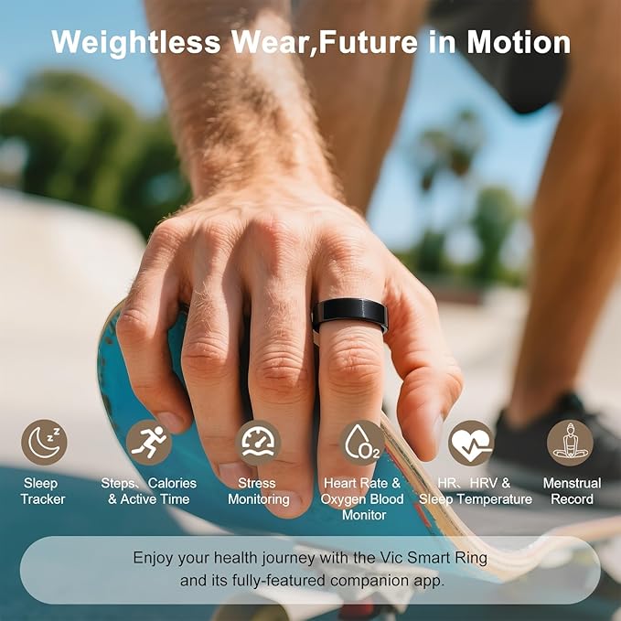Titanium Smart Ring, Sleep & Activity Tracking Ring with Heart Rate, HRV, Stress Insights, 7-Day Battery Life, No Subscription, IP68 Waterproof, iOS & Android Compatible (Black, 10)