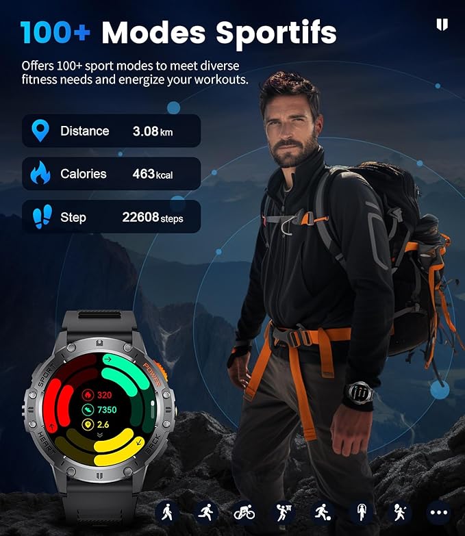 LIGE 1.43" AMOLED Smart Watch for Men with Flashlight, Bluetooth Calling, 100+ Sport Modes, 530mAh, IP68 Waterproof Fitness Tracker for Workout, iOS Android Compatible, Black Steel Black Silicone