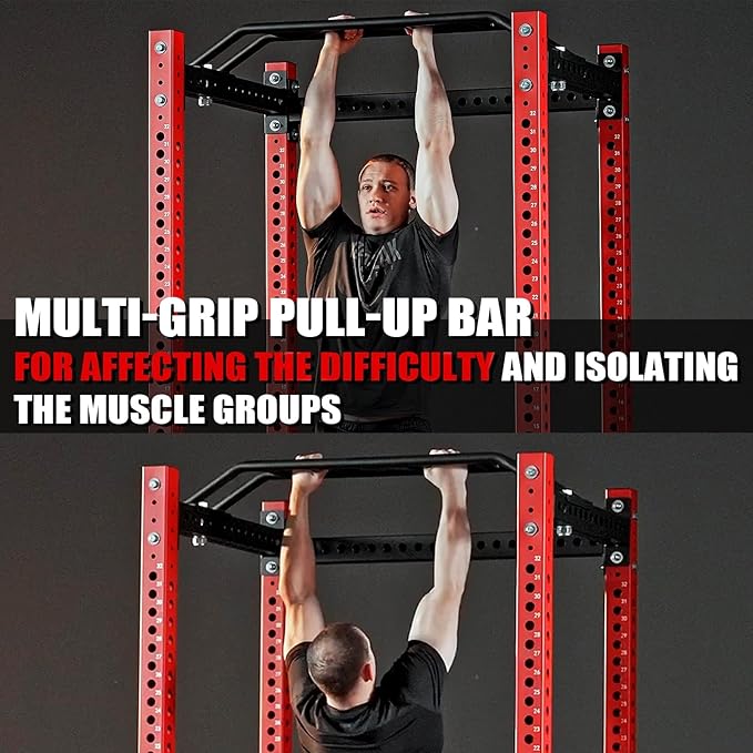 Mikolo 3"x3" Power Cage, Multi-Function Power Rack with LAT Pull Down Pulley System, Commercial Squat Rack for Home Gym with 3x3 Attachment, 1500 lbs Weight Capacity