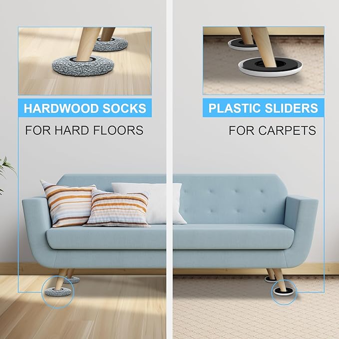 New Upgrade Furniture Movers Sliders, 4+4 Pack 4.3" Multi-Surface Furniture Sliders with Groove Design, Round 4PCS Moving Pads and 4 Hardwood Socks, Protect Floor and Easily Move Furniture