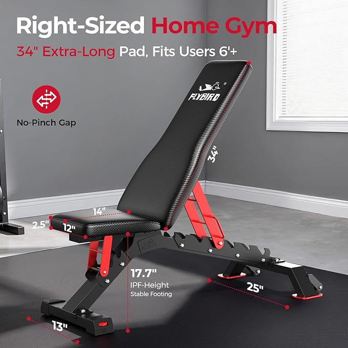 FLYBIRD Commercial Grade Adjustable Weight Bench - 1300LBS Capacity, 6+3 Positions for Ultimate Strength Training & Bench Press, with Easy-Roll Wheels