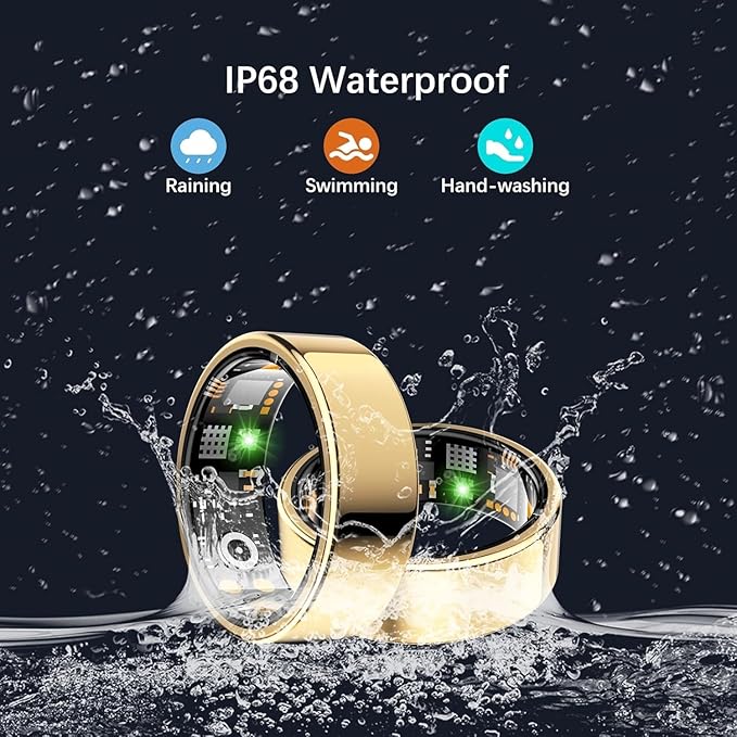 SEEVEN Smart Ring for Women Men, Fit Ring with Heart Rate, Blood Oxygen, HRV, Sleep Monitor, Stress, Step Counter, IP68 Waterproof Fitness Rings for iPhone & Android, No Subscription Fee (Gold, 7#)