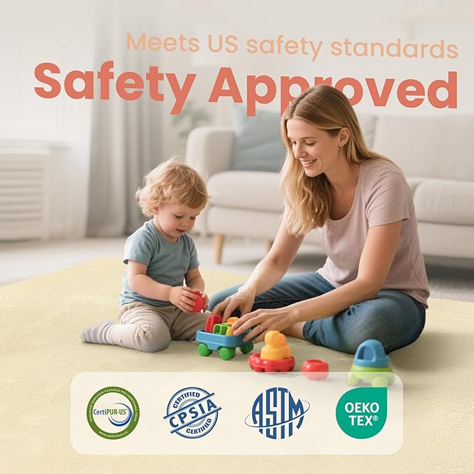 Huloo Sleep Baby Play Mat for Floor,1.3" Thick Elasti-Foam 50"×50" Playpen Mat for Tummy Time,Water Repellent Soft Coral Velvet for Toddler,Infant,Kids,Non-Slip Backing Safe for Crawling(Vanilla)