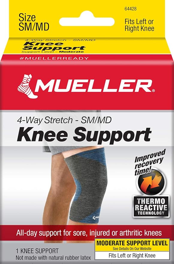 MUELLER Sports Medicine FIR 4-Way Stretch Compression Knee Support, Knee Pain Relief Support for Men & Women, Ideal for Arthritis, Sprains, Gray/Blue