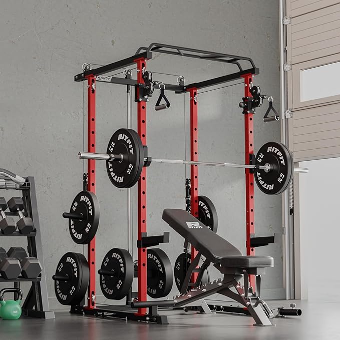 RitFit Multi-Function Garage & Home Gym Package Includes 1200LBS Power Cage PPC03/P3 with Cable Crossover System, Weight Bench, Olympic Barbell Weight Set, Full Body Workout