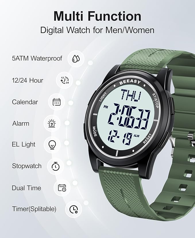 Beeasy Digital Watch for Men Women, 50M Waterproof, Ultra-Thin & Lightweight, 44mm Silicone Sports Watch with Alarm, Stopwatch, Countdown, Ideal for Gym, Running, School, Daily Wear