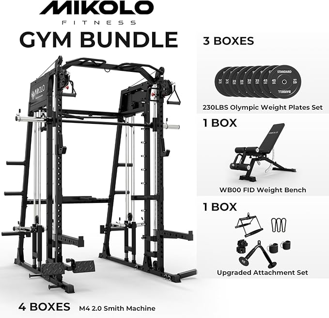 Mikolo M4 2.0 Standard/Ultra/Elite Smith Machine, 2200lbs Squat Rack with LAT-Pull Down System & Cable Crossover Machine, Training Equipment with Leg Hold-Down Attachment
