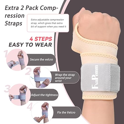 Wrist Support Brace for Carpal Tunnel 2 Pairs Right Left Hand, Wrist Wraps for Women Men, Adjustable Wrist Brace for Tendonitis, Arthritis, Pain Relief, Weightlifting, Sports, Day Night Support, Nude
