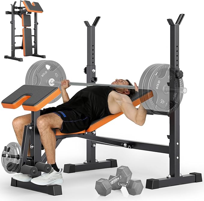 YOLEO 6 in 1 Space Saving Weight Bench with Rack, Fast Folding & Adjustable Workout Bench, Bench Press Rack/Leg Extension/Preacher Curl/Sit Up(1-Step Folding & Easy Assembly)