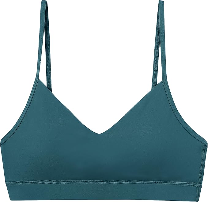 Oalka V Neck Sports Bra for Women Adjustable Padded Thin Straps Wireless Yoga Bras
