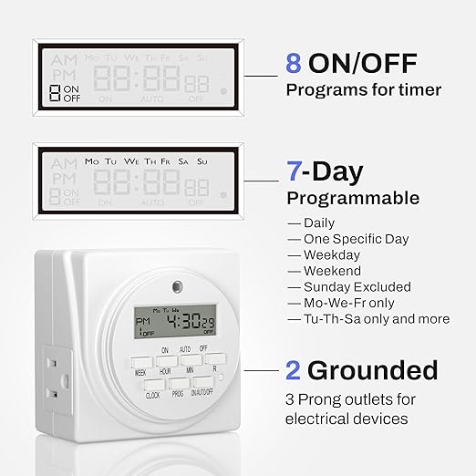 BN-LINK Indoor Digital Timer Outlet, Dual Outlet 7 Day Programmable Light Switch, 3 Prong Plug in Timers for Electrical Outlets, Lamps, Fans, 8 On/Off Programs, 2 Pack, 15A/1875W, ETL Listed