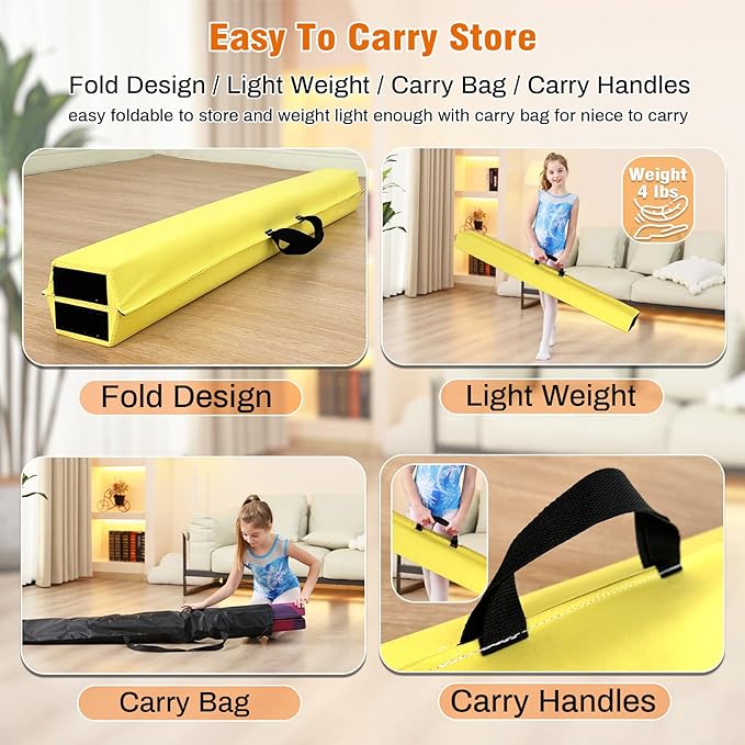 MARFULA 6 FT / 8 FT / 9 FT Folding Gymnastics Beam Foam Balance Floor Beam - Extra Firm - Suede Cover - Anti Slip Bottom with Carry Bag for Kids/Adults Home Use
