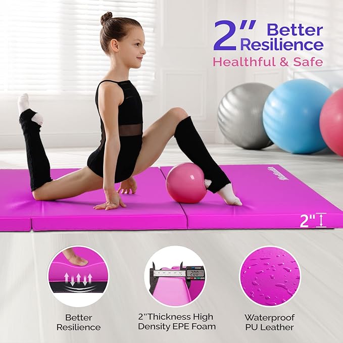 Matladin 6' Folding Tri-fold Gymnastics Gym Exercise Aerobics Mat, 6ft x 2ft x 2in PU Leather Tumbling Mats with Hook & Loop Fastener for Stretching Yoga Cheerleading Martial Arts