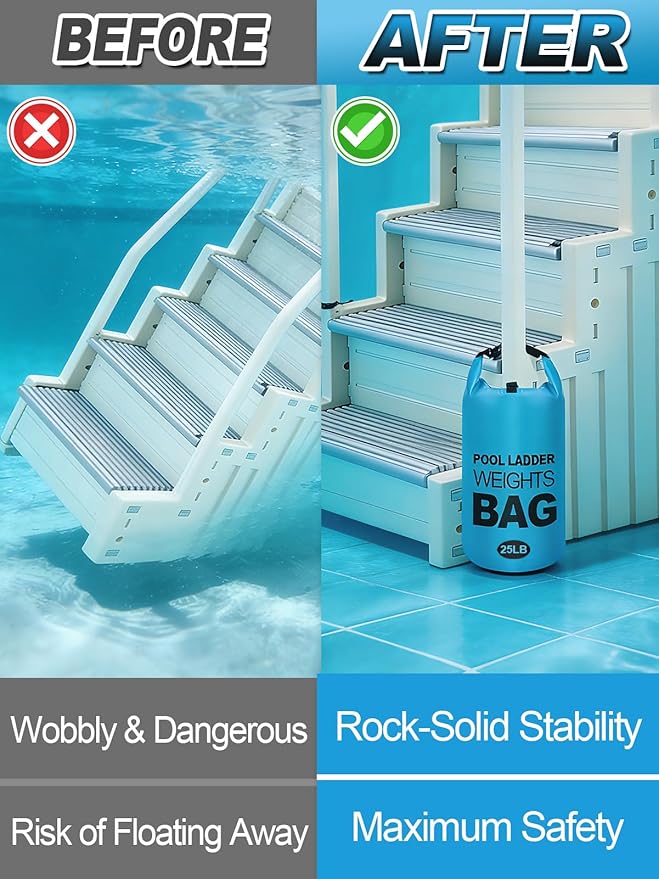 Cosweet 2 Pack Heavy Duty Pool Ladder Weights - 25lb Easy to Fill Anchor Bags, 500D PVC Waterproof Sand Bags with Secure Buckle Closure to Stabilize Above Ground Swimming Pool Steps
