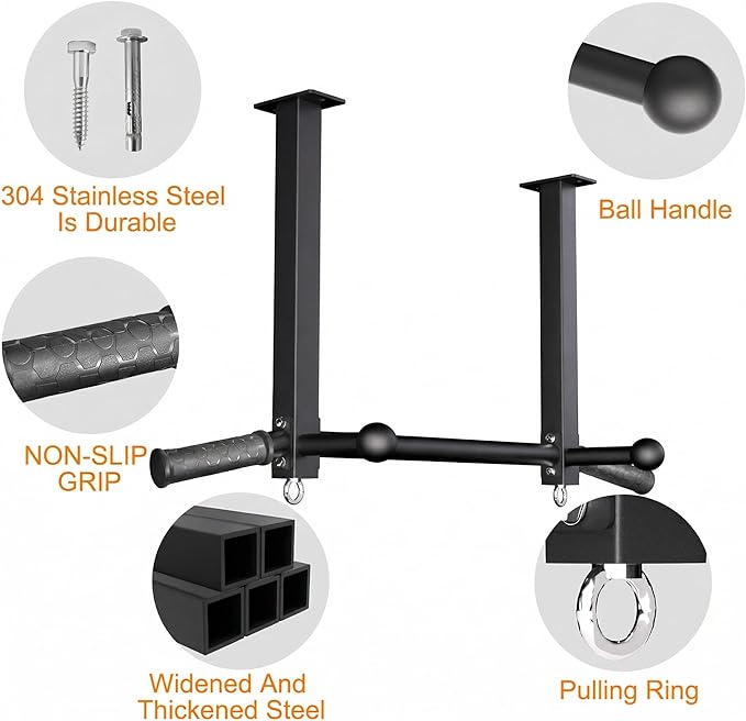 Pull Up Bar Ceiling Mount, 600LBS Heavy Duty Multi Grip Chin Up Bar, 16" Rafter PullUp Bar, Ceiling Beam for Gym/Garage/Basement with Ball Finger & Round Anchors, Easy to Install-Black