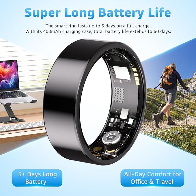 Smart Ring Health Tracker for Women & Men, Fitness Ring with Heart Rate Blood Oxygen, Sleep Monitor, Step Tracker, IP68 Waterproof Compatible with iOS & Android, No Subscription Fee (Black, 8)