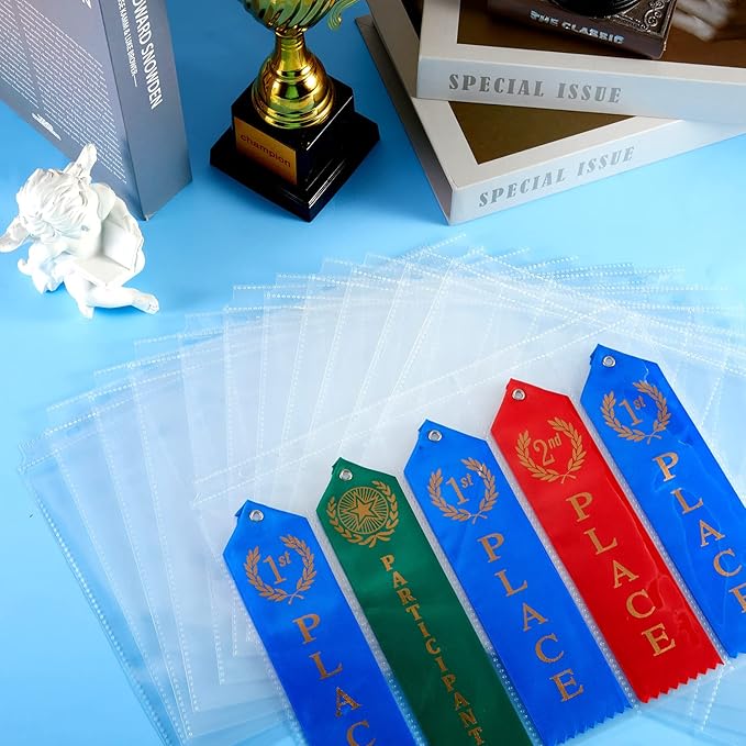 Henoyso Award Ribbon Organizer Holder Swimming Gymnastics Case Clear Blank Plastic Pages Sheets Storage Display Scrapbook Pockets for 3 Ring Binder Storage Prize Contest Competition(100 Pieces)